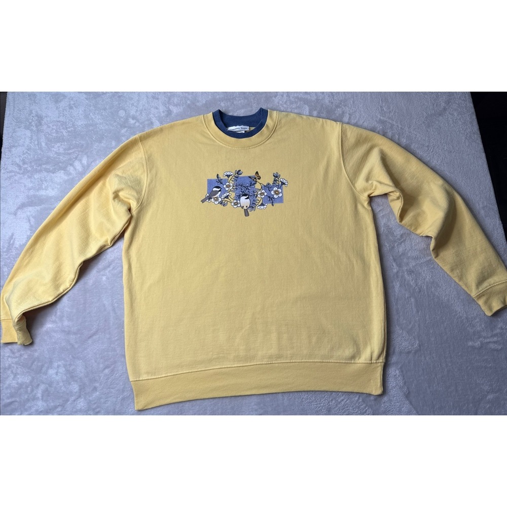 Country Store Birds Butterfly Floral Sweatshirt XL Yellow Blue Crewneck‎ Grandma